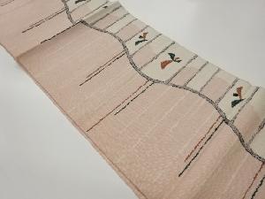 手織り紬よろけ縞に横段・抽象模様織出し名古屋帯